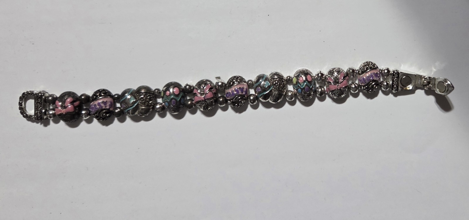 7″ Vintage Easter Egg Bracelet Enameled Silver Tone Clasp With Magnet Unique