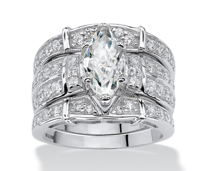 3.05 TCW MARQUISE CUT CZ 3 PIECE BRIDAL SET STERLING SILVER RING SIZE 6 7 8 9 10