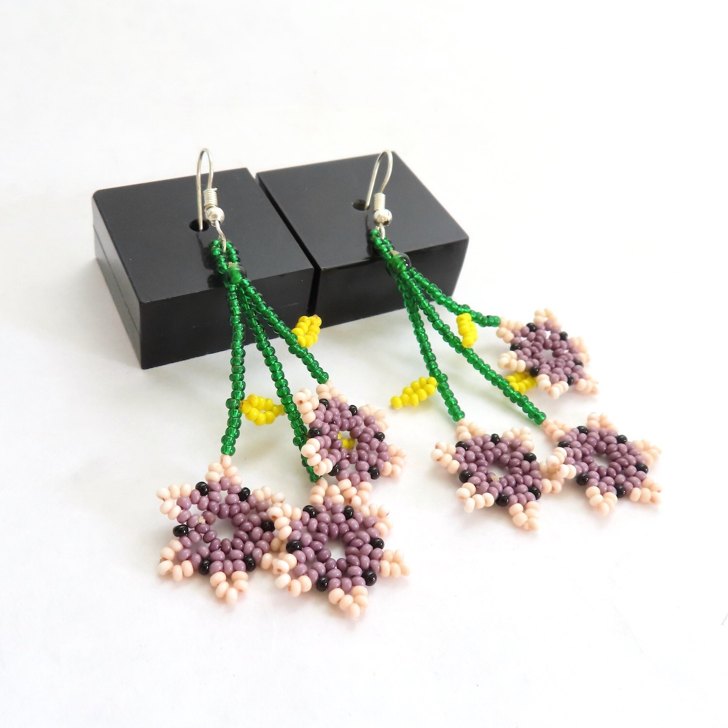 Beaded Dangle Earrings Pink Purple Flowers Huichol Handmade Mexican Folk Art