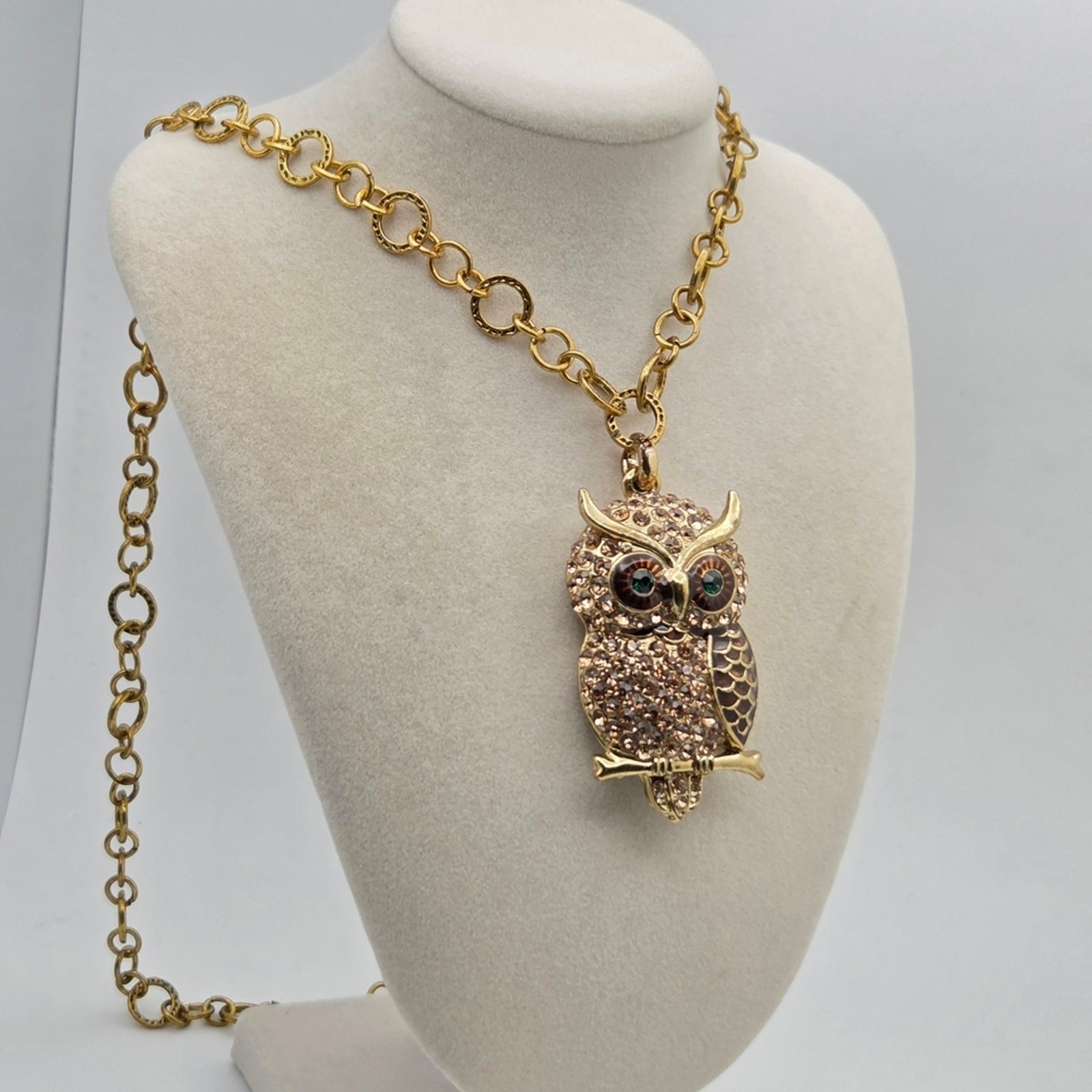 Vintage-Style Pave Crystal & Enamel Owl Statement Necklace