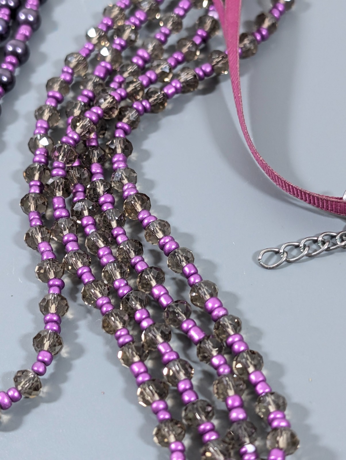 Lane Bryant Purple Faux Pearl Bead Layered Ribbon Necklace 35 in