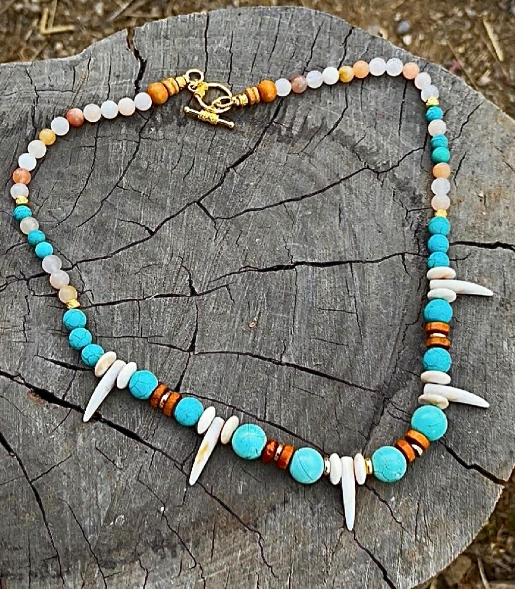 Turquoise & Shell Beaded Necklace, Blue/White/Brown, Lobster Clasp