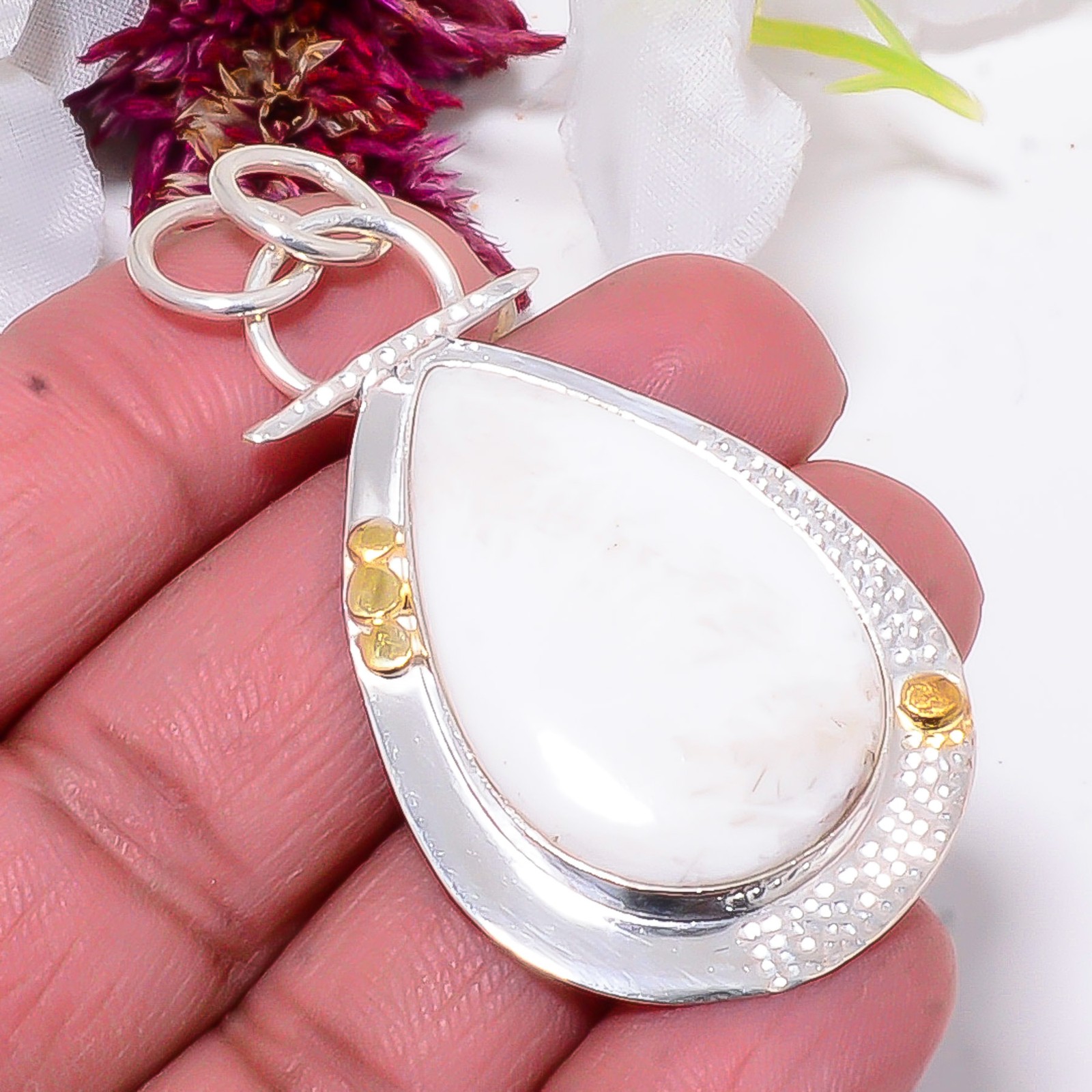 White Scolecite – India 925 Sterling Silver Two Tone Designer Pendant 2.26″ Su32