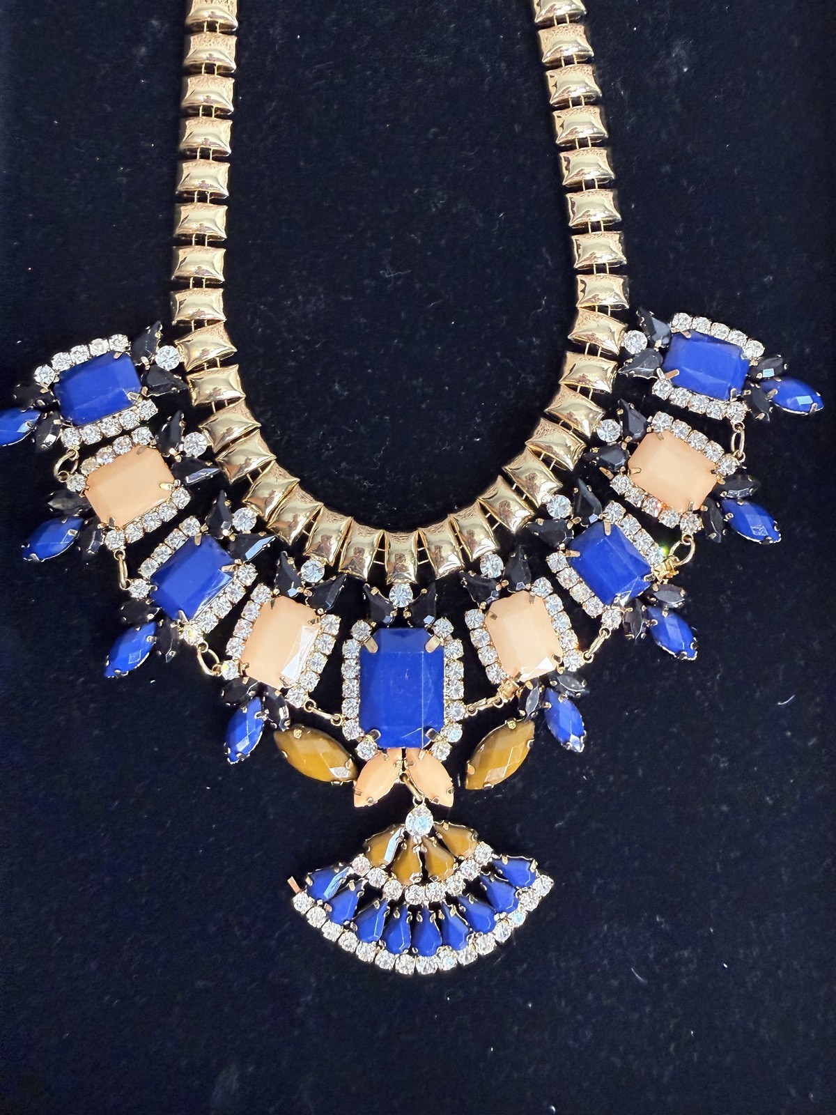 Gold Tone Statement Bib Necklace Blue Peach Amber Rhinestone Collar Fan Drop
