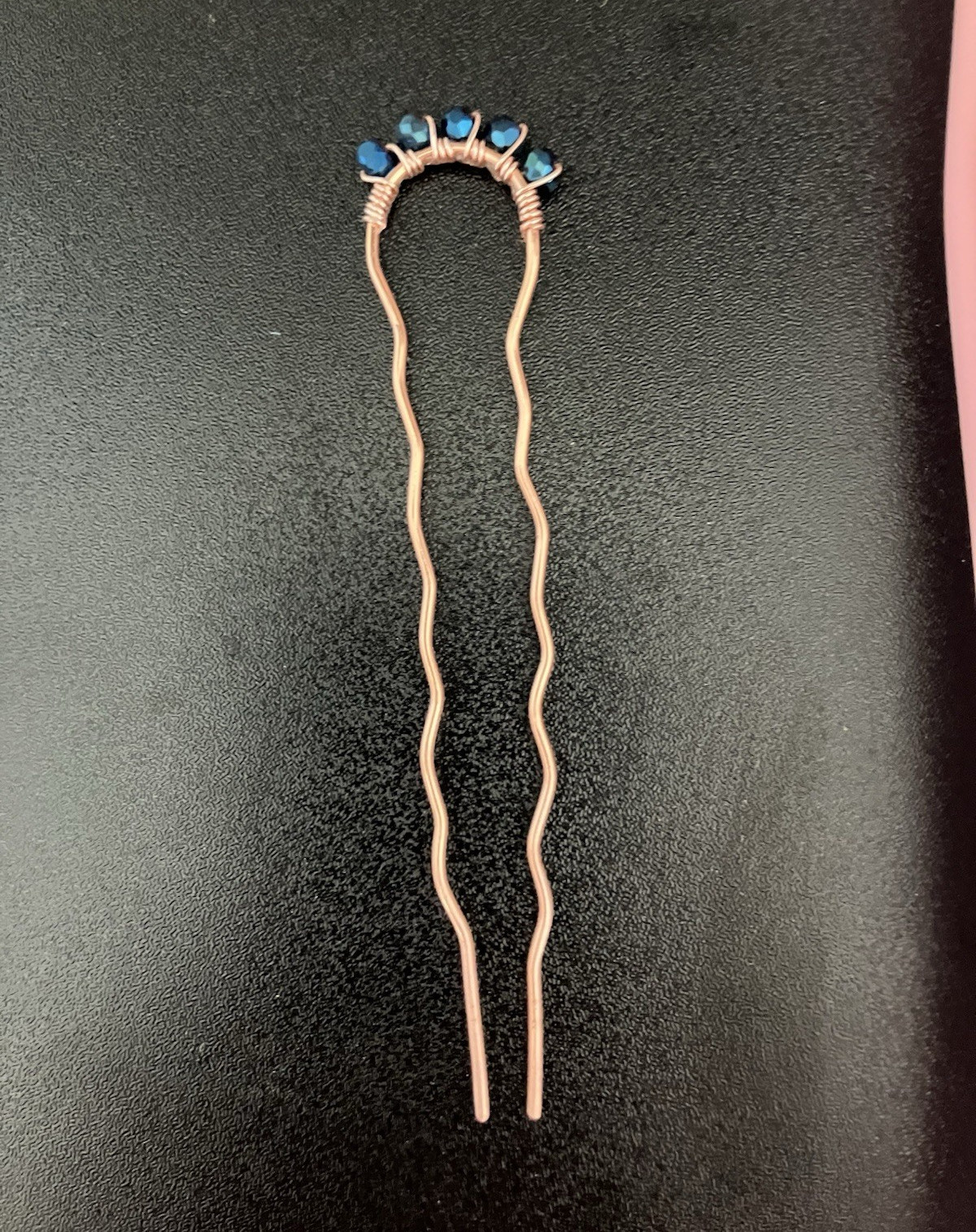 Copper Decorative Hair Pin Wire Wrapped w/ 5 Blue Round Crystals 4 in