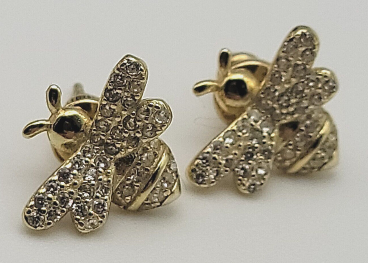 925 ATI CN Figural Honey Bee Stud Earrings Gold Tone Clear Cubic Zirconia Pave