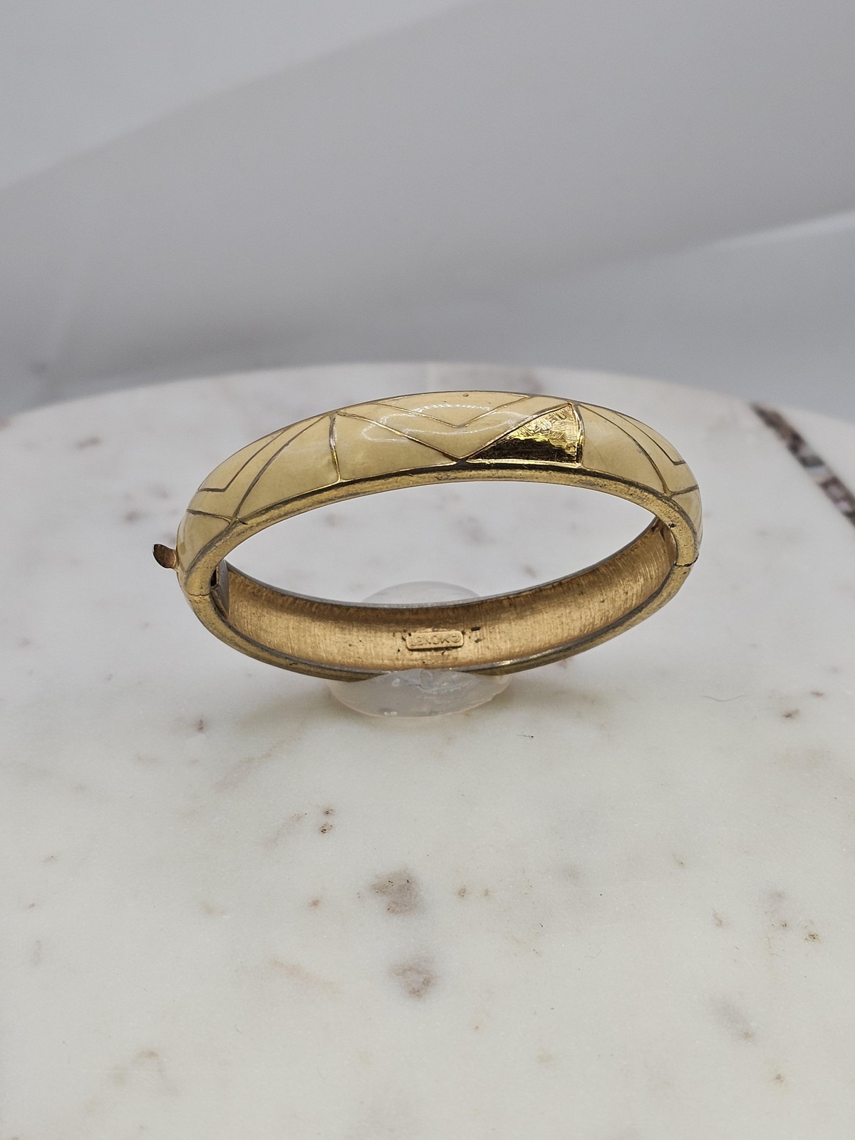 Vintage Monet Bracelet Cream Enamel Gold Tone Bangle Push Lock Hinged Jewelry