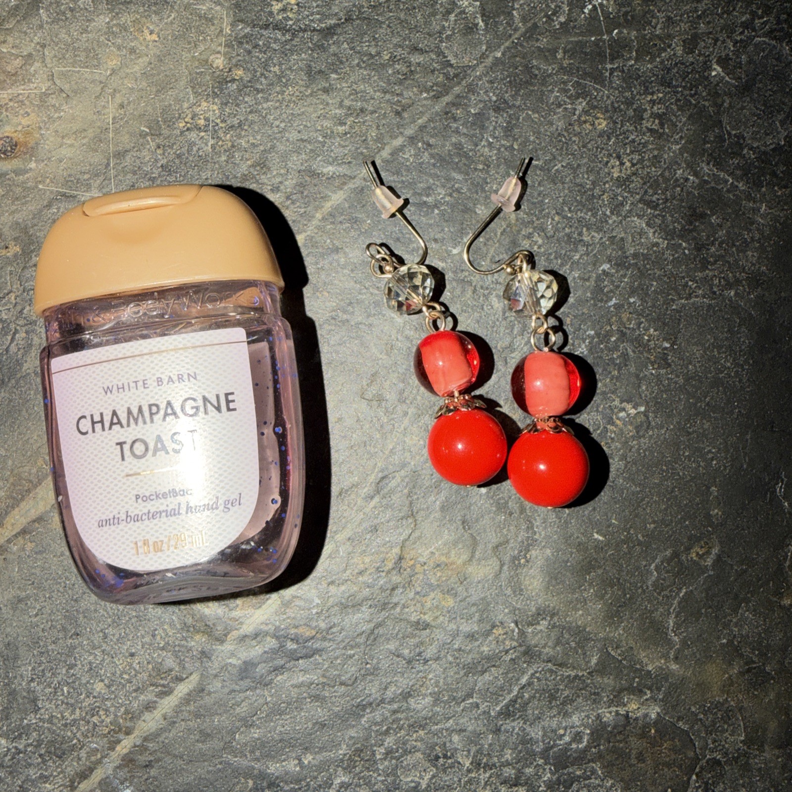 Red Bead Drop Dangle Earrings Clear Faceted Crystal Bead Pierced Fishhook