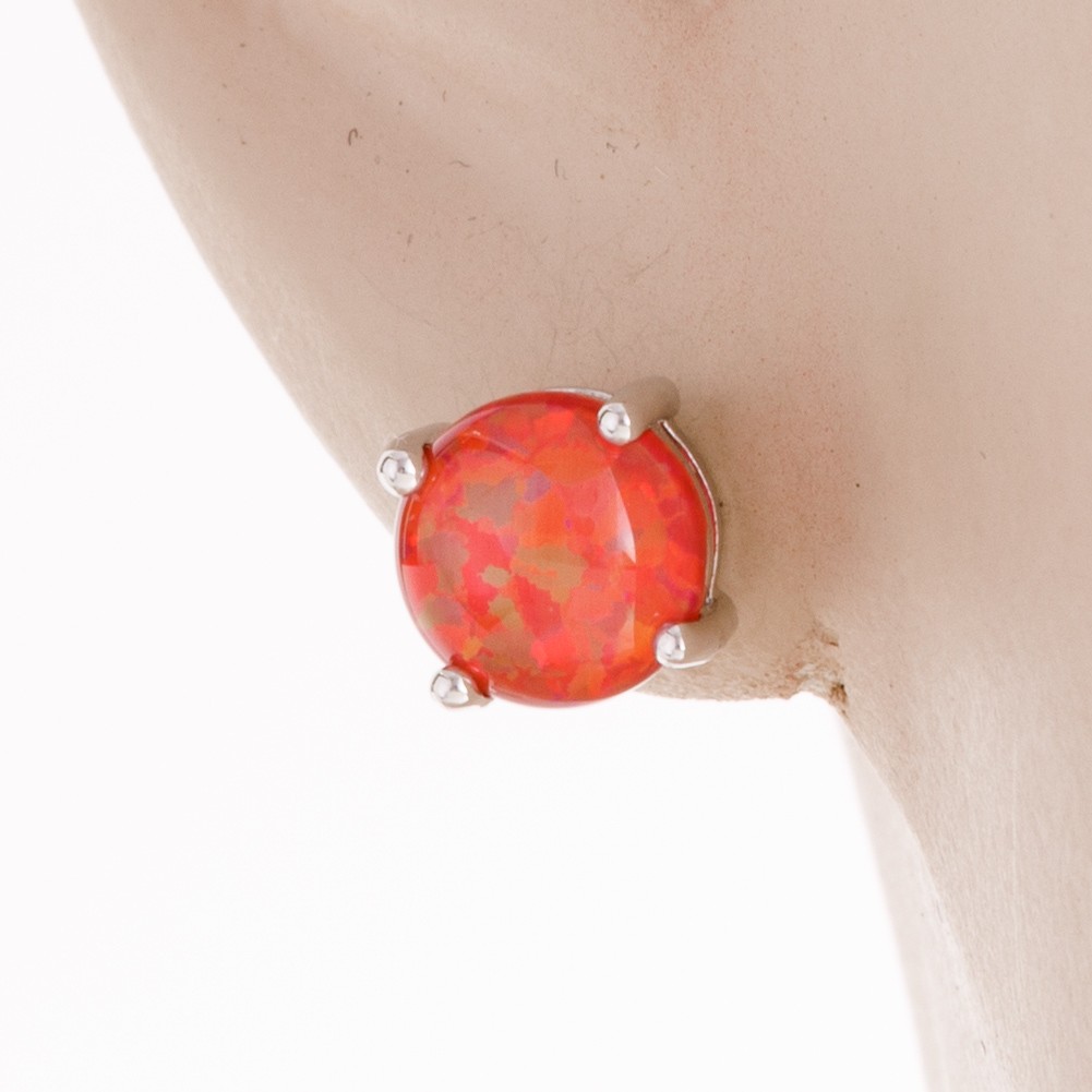 8mm Round Red Fire Opal Cabochon Silver Jewelry Simple Stud Earrings