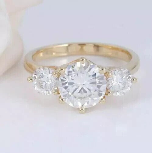2.20Ct Round Cut Simulated Diamond Fancy Three Stone Ring 14K Yellow Gold Plated