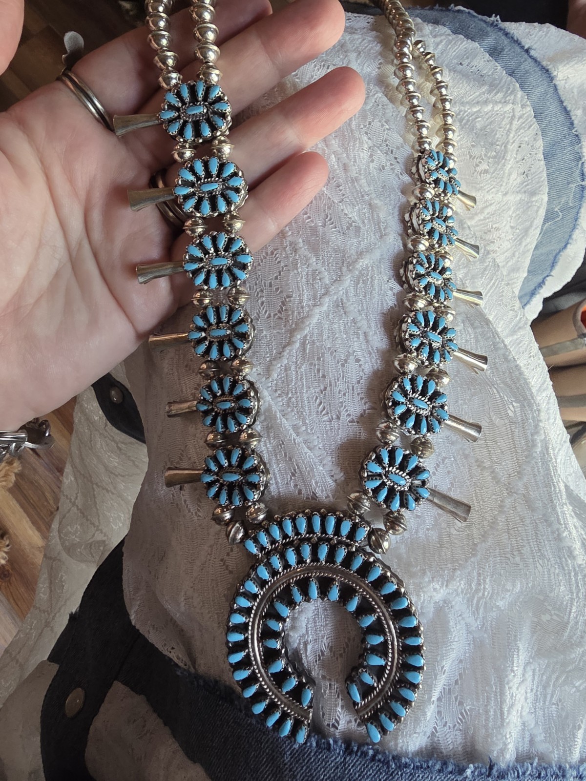 Reversible turquoise & coral squash blossom necklace