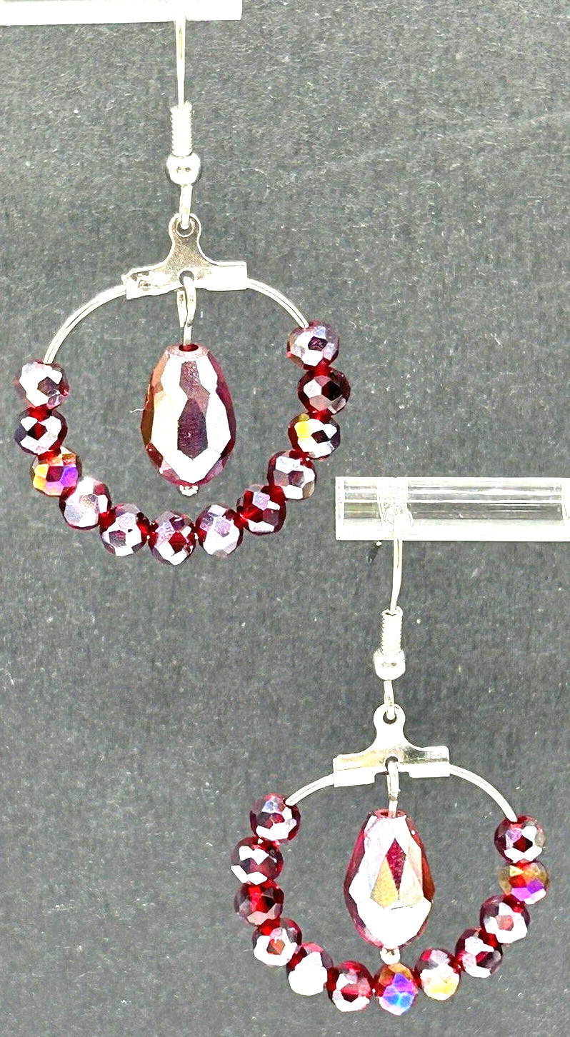 Gorgeous Deep RED Aurora Borealis Glass Beaded Stainless Steel HOOP Earrings