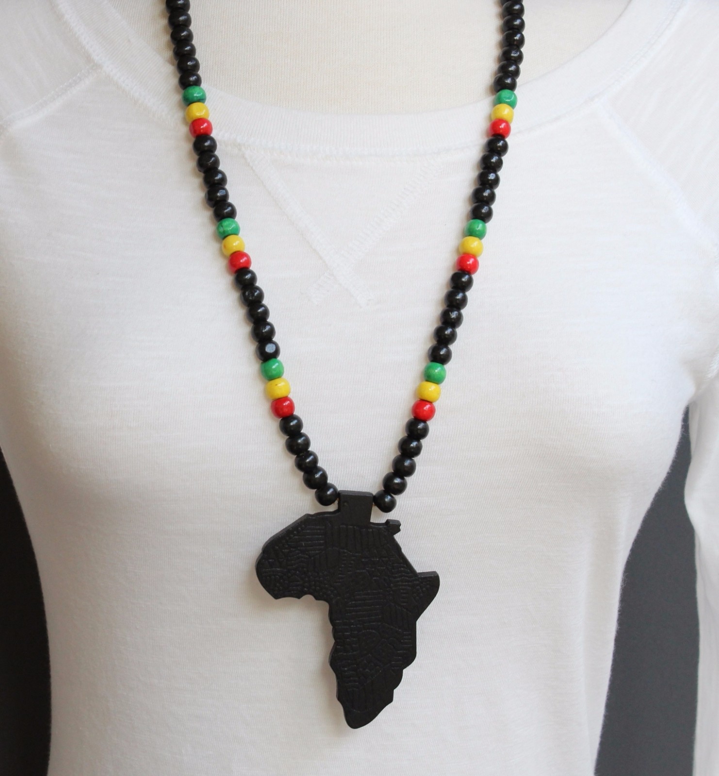 Black wooden africa pendant necklace beads chain african map continent wood long