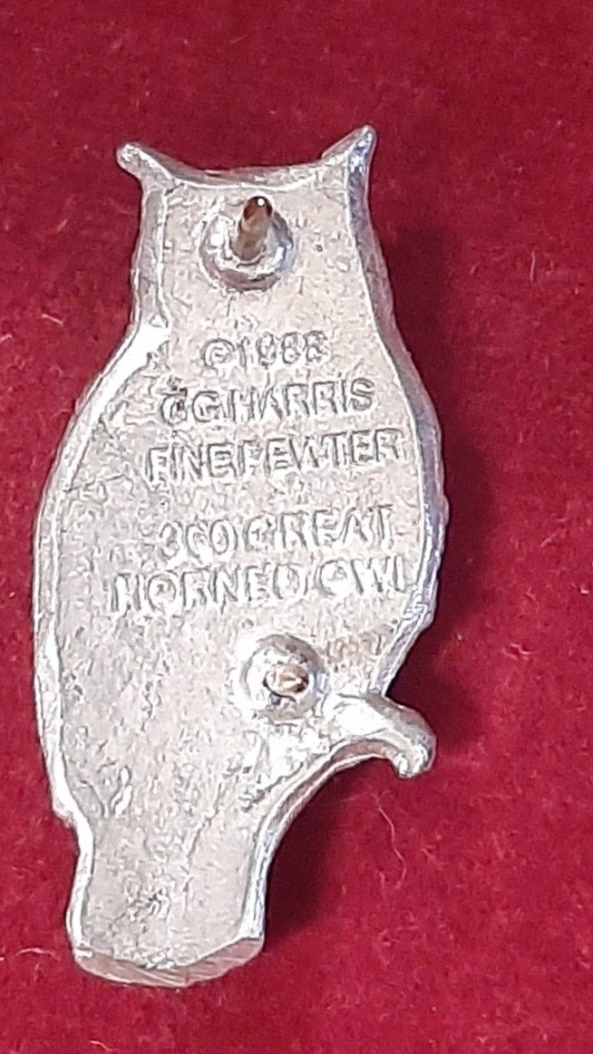 VTG “GREAT HORNED OWL” Fine Pewter Broach/Lapel/Hat/Pin-GG Harris-1988