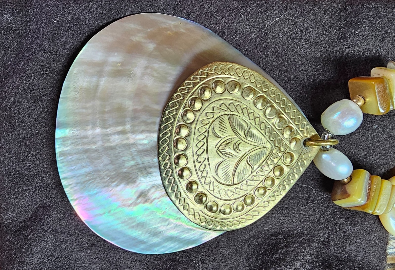 2 Large Mother of Pearl Seashell Necklaces w/Carved, Gilded & Stamped Components