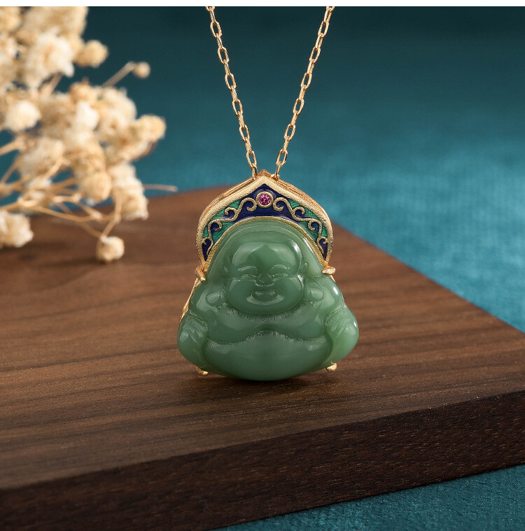 Jade Pendant Necklace Buddha Charm W/ 18K Gold Plated Chain Ethnic Gemstone Gift