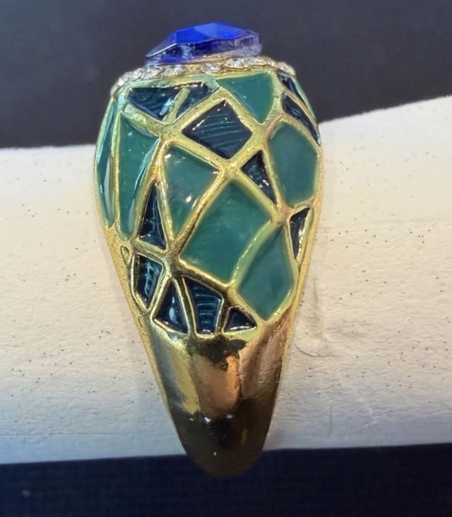 Gold Tone Green Enamel Dome Cocktail Ring Blue Round Crystal Bezel Size 7.75