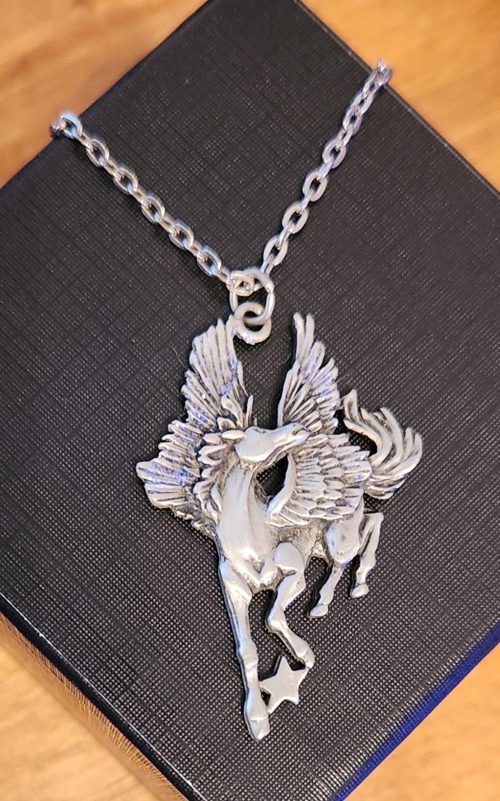 Vintage JJ Jonette Jewelry Pewter Pegasus Pendant Necklace Flying Winged Horse