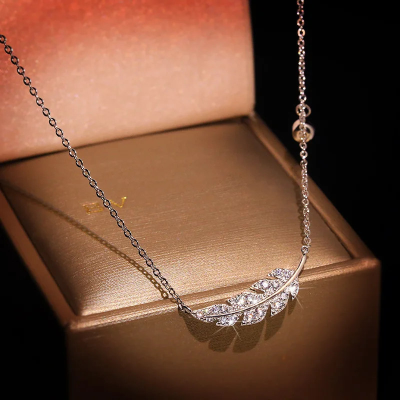 Feather Leaf Pendant Necklace 925 Sterling Silver Micro Pave Women Jewelry