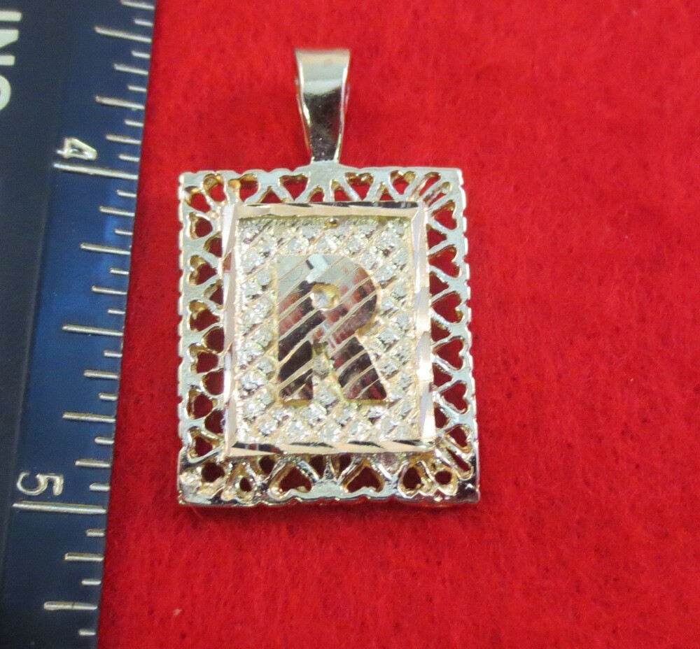 14KT GOLD EP 1 3/8 INCH FRAMED LETTER R LARGE SQUARE DIAMOND CUT INITIAL CHARM
