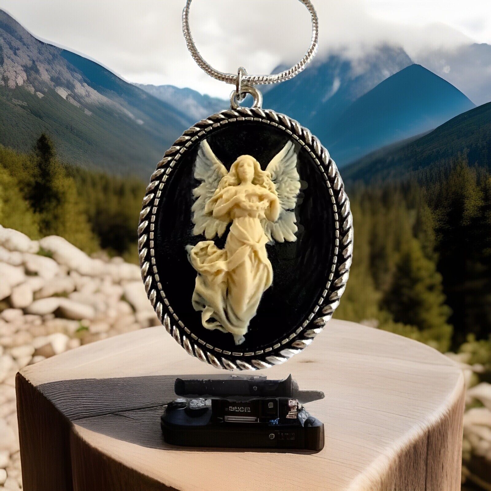 Vintage Guardian Angel Cameo Necklace, Religious Pendant, Sterling Silver Chain