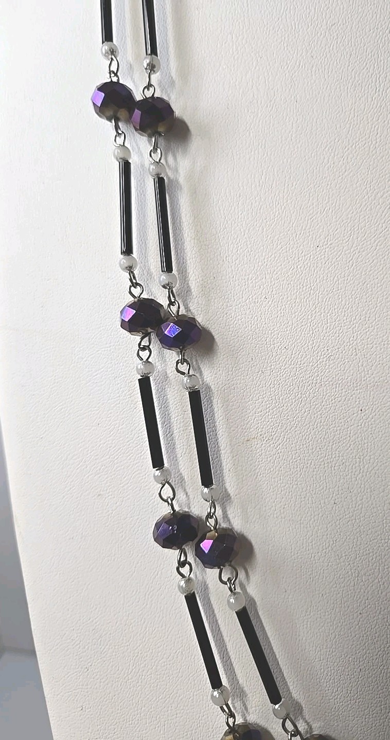 Faceted AB Rhinestone Purple Reflective Glass Black Bar Link Flapper Faux Pearls