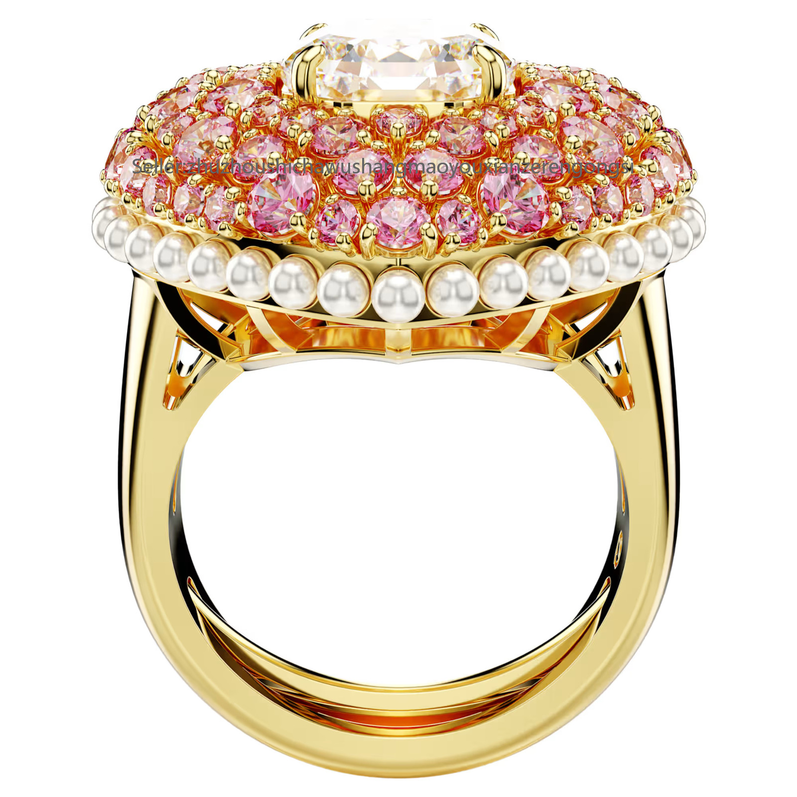 Idyllia Gold Tone Plated Cocktail Ring Heart Octagon Cut Crystal Pearls New