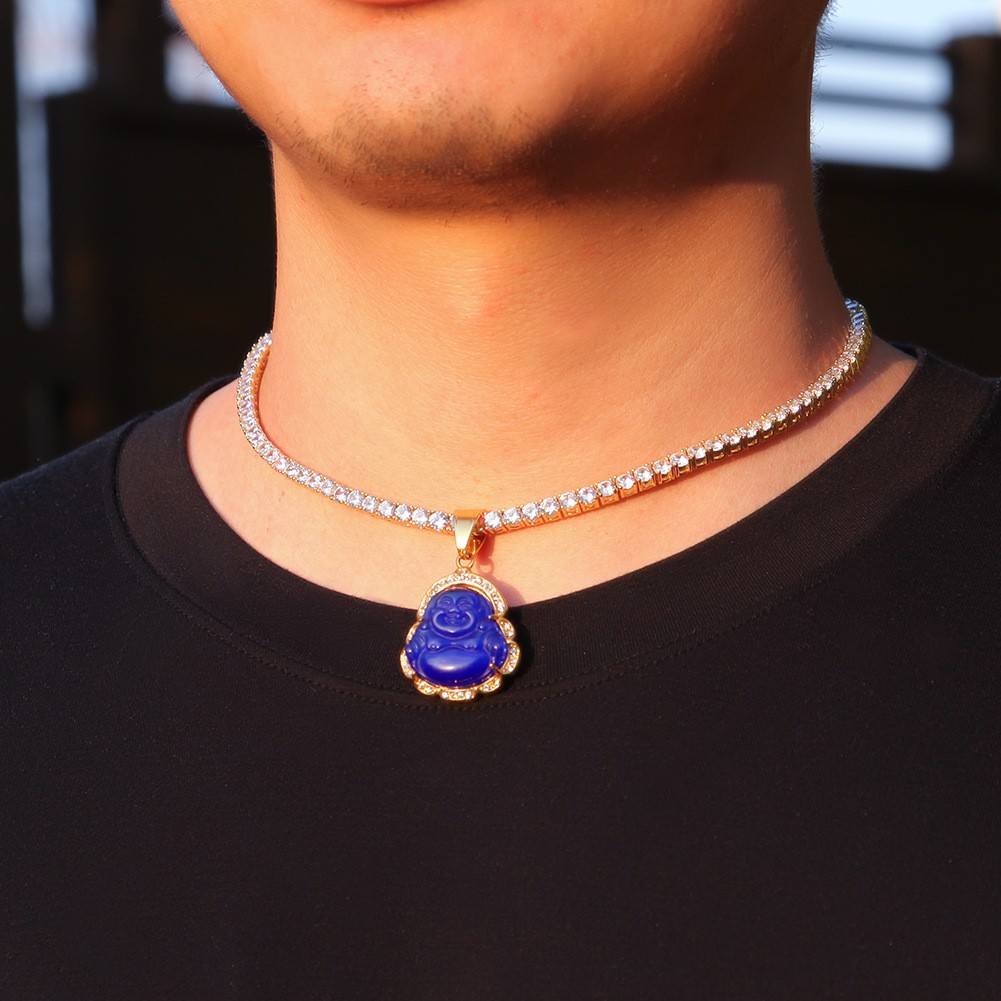 Hip Hop Stainless Steel Maitreya Buddha Pendant Necklace with Rhinestone Jewelry