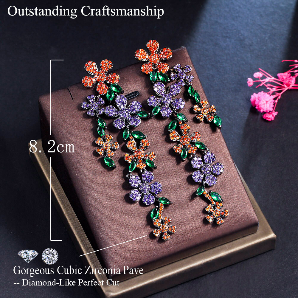 Cubic Zircon Flower Multicolor Leaf Dangle Drop Black Gold Plated Women Earrings