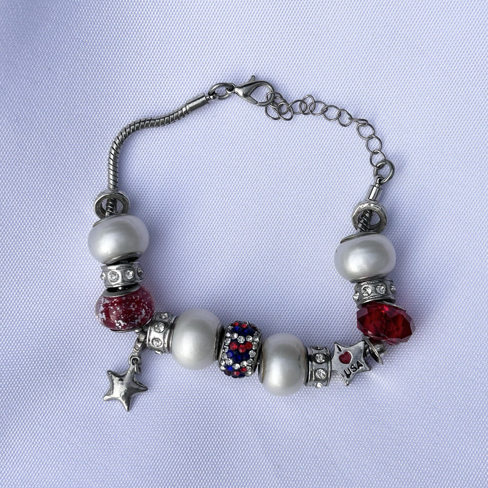 Slide Style Charm Bracelet Patriotic Fourth Of July I Love USA Stars Rhinestone