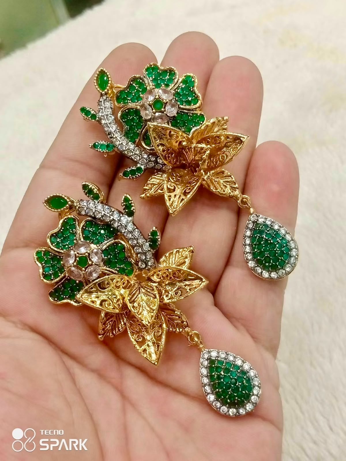 Pakistani Gold Plated Green Crystal Bridal Earring Flower Dangle Wedding Jewelry