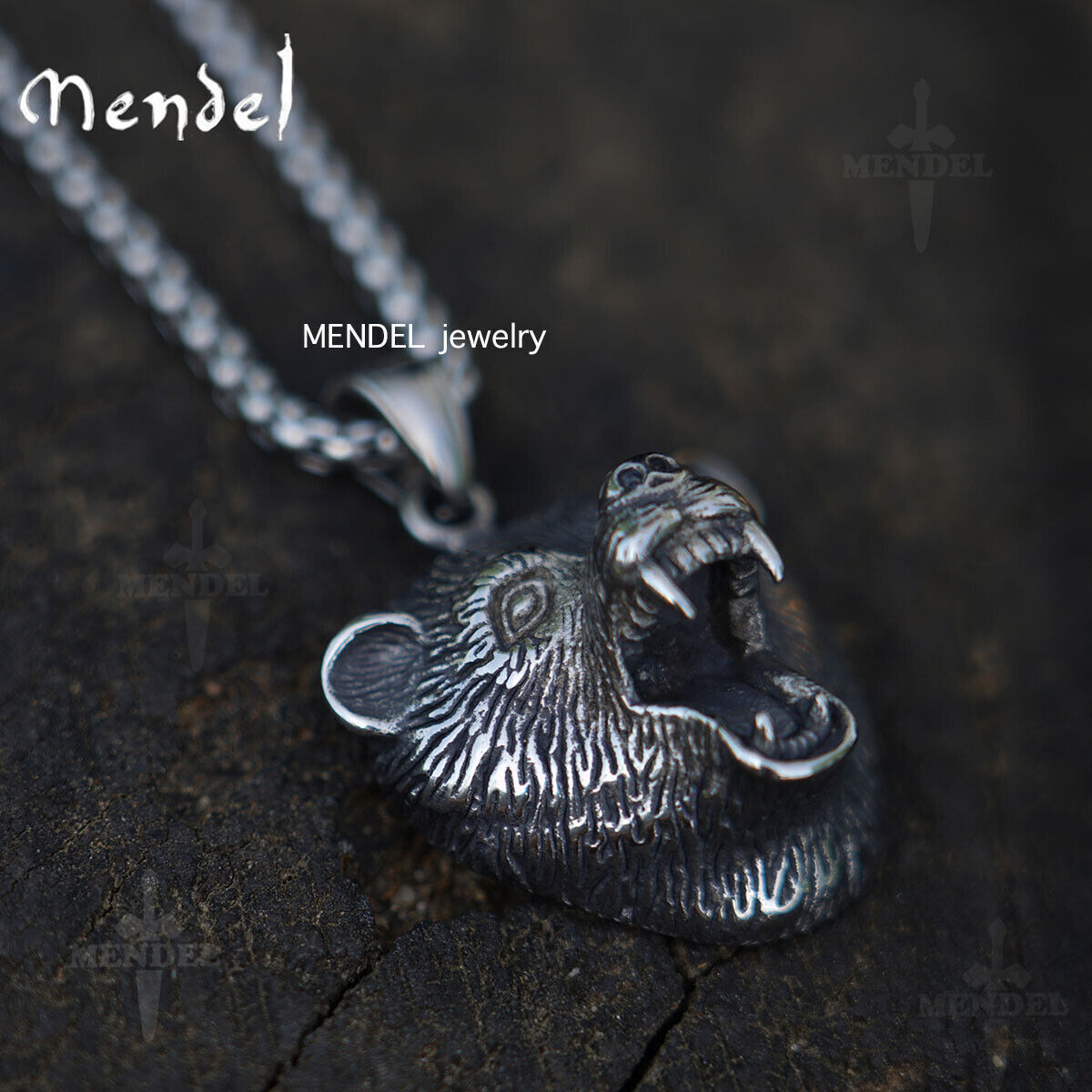 MENDEL Mens Viking Stainless Steel Grizzly Bear Head Claw Pendant Necklace Men