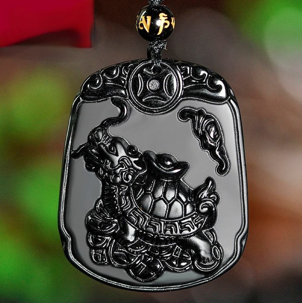 Natural Black Obsidian crystal dragon turtle Necklace pendant bead with chain