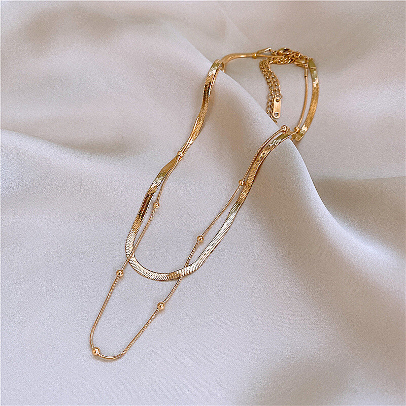 Woman 18K Gold Plated Stainless Steel 2 Layers Beaded Snake Chains Necklaces