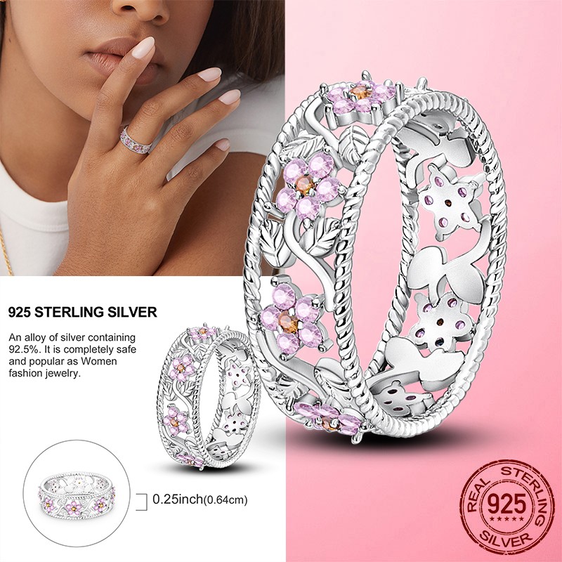 LAZA Original 925 Sterling Silver Pink CZ Flowers Finger Ring for Women Jewelry