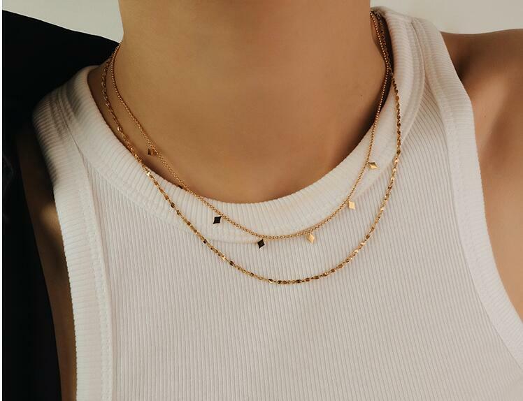 Woman 18K Gold Plated Stainless Steel 2 Layers Rhombus Sequins Chain