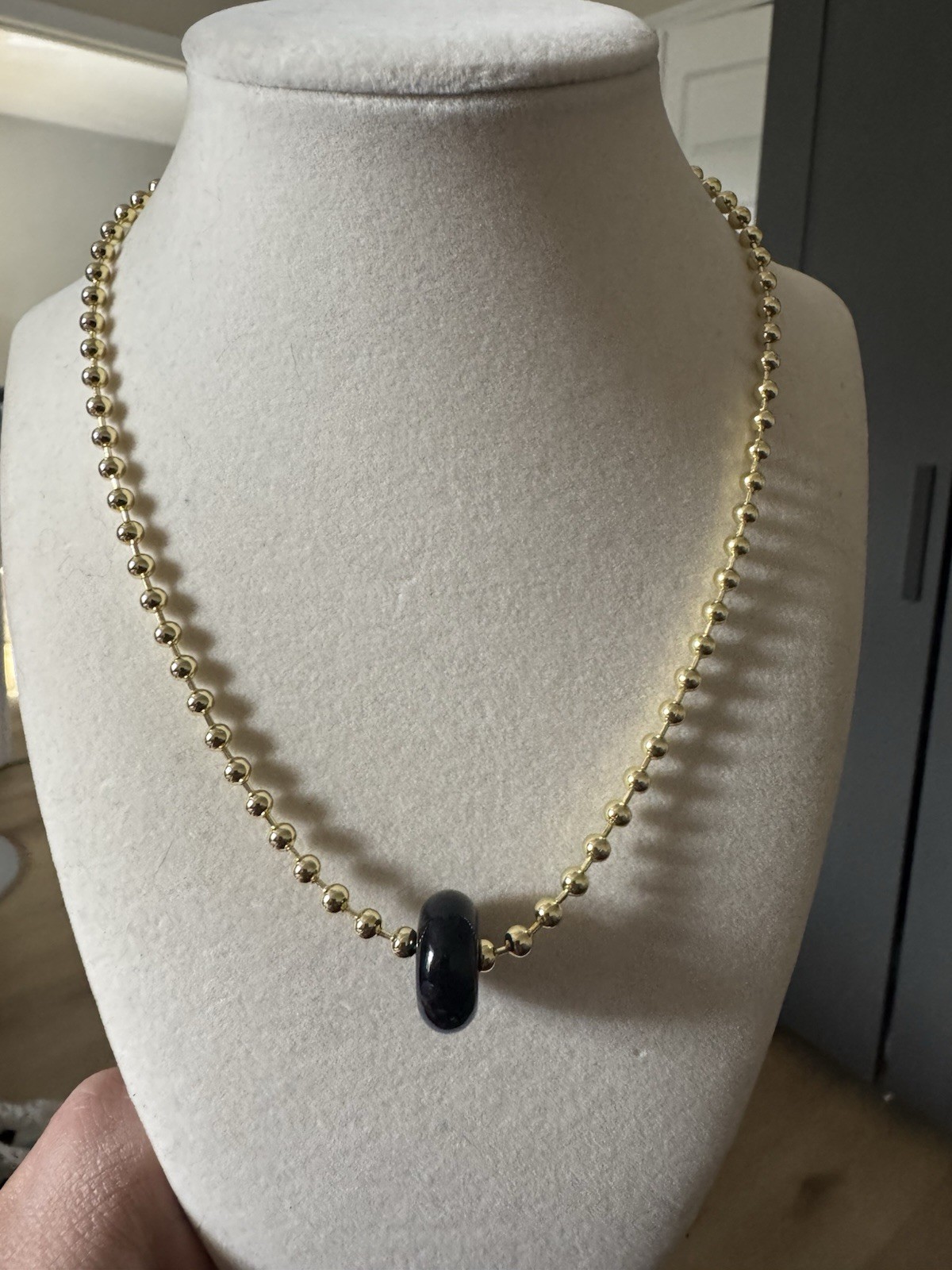 Gold Tone Metal Ball/Bead Chain Necklace w/ Round Charm Pendant, No Stone