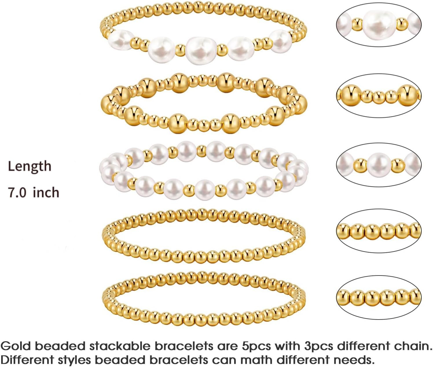 5Pcs Silver Gold Beaded Stretch Bracelet Stack Set Pearl Women Teen Jewelry