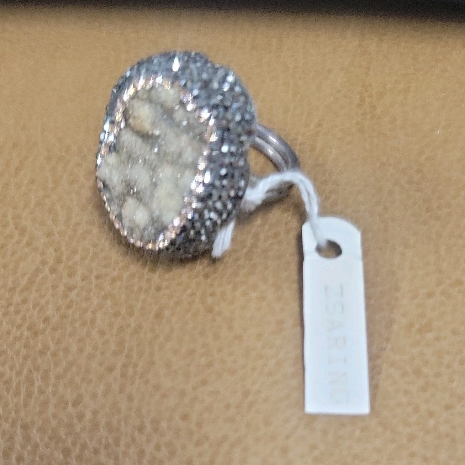 Silver Cocktail Ring Oval Drusy Quartz Beige Stone Fashion Jewelry