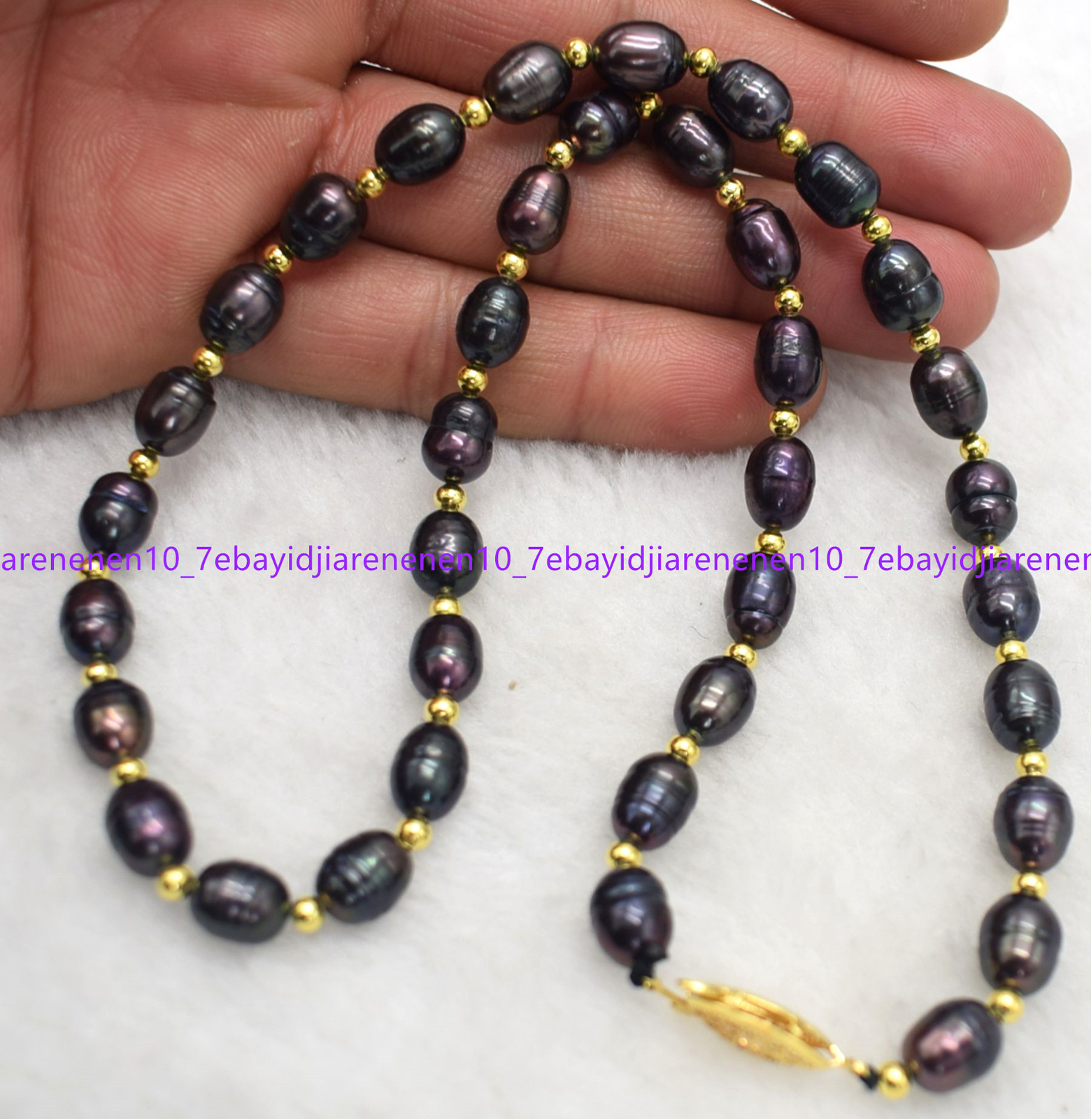 Natural 7-8/8-9/9-10mm Black Tahitian Freshwater Rice Pearl Necklace 18 in