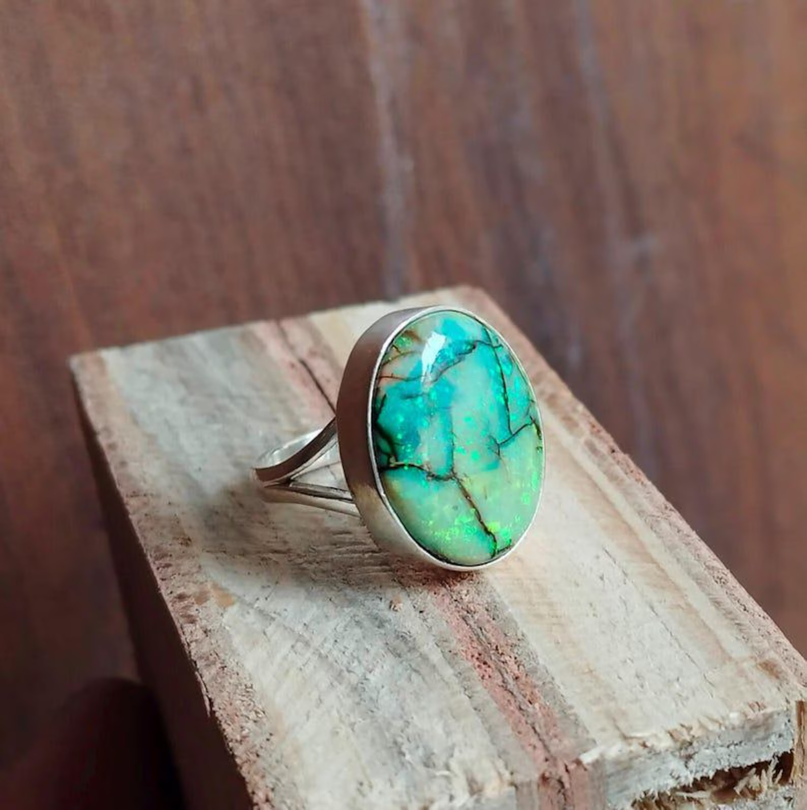 925 Sterling Silver Monarch Opal Ring Split Band Oval Cabochon Statement Ring