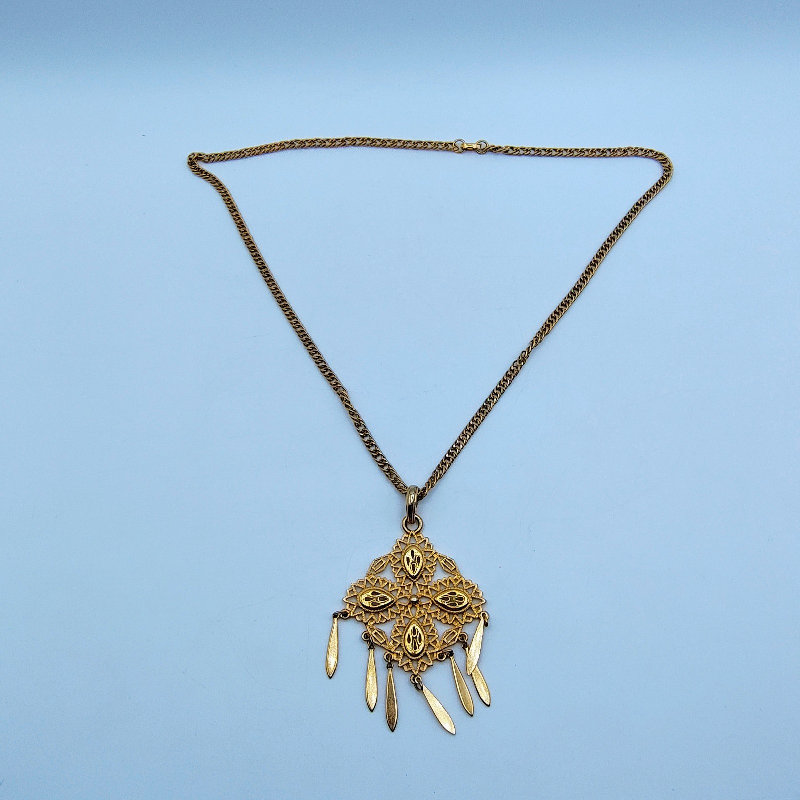 Vintage Filigree Pendant Necklace Gold Tone Victorian Revival Maximalist 70s