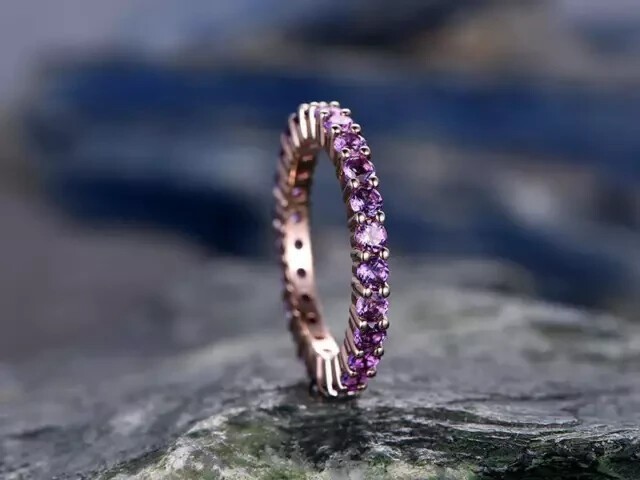 1.20 Ct Round Cut Simulated Amethyst Eternity Wedding Ring 14K Rose Gold Plated
