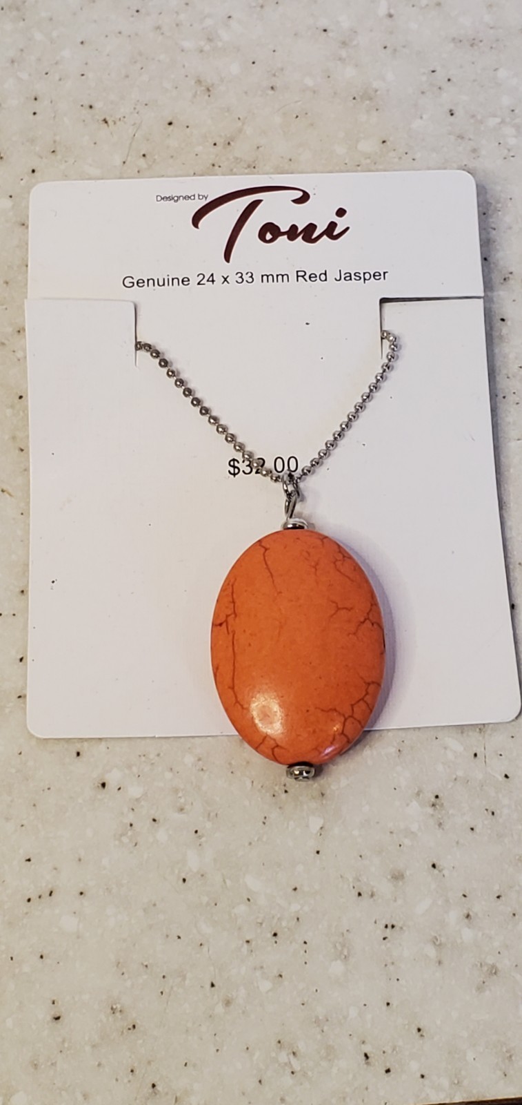 Toni Red Jasper Pendant Necklace 24x33mm Stone Silver Tone Chain 18.5–20.5″…