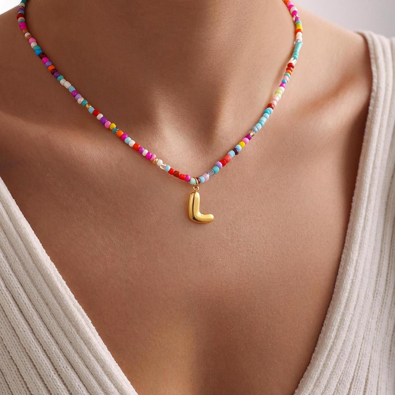 Elegant Beaded Initial Necklace with Adjustable Length – Perfect Gift Idea