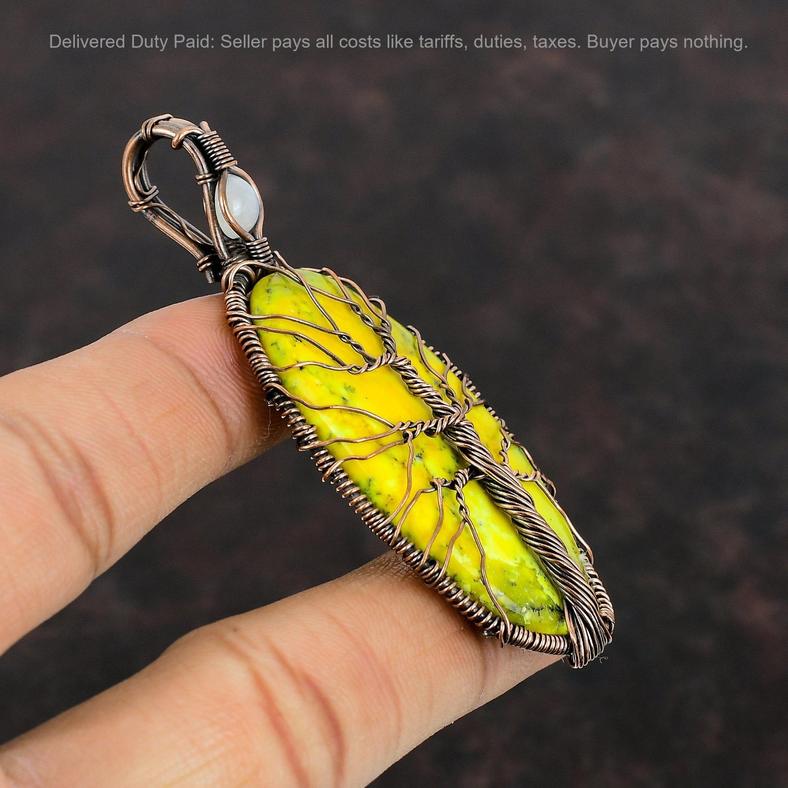Natural Yellow Dendrite Opal Rainbow Moonstone Daughter Pendant Jewelry Copper