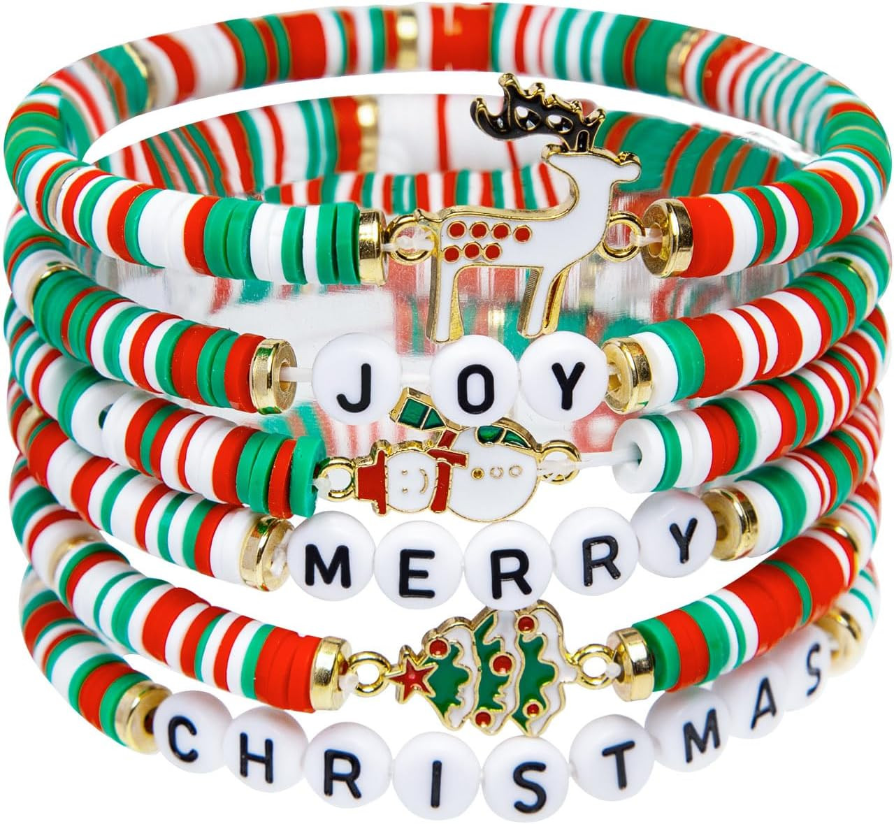 Artlunar 6 Pack Christmas Bracelets: Joy & Merry Candy-Style Stacks for Women &