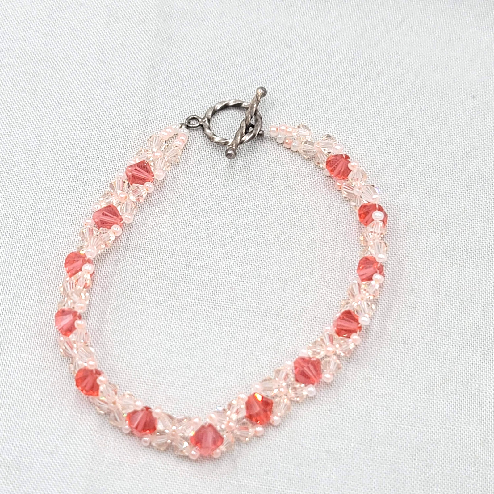 Pink Crystal Bicone Weave Bead Bracelet Toggle Closure 7.5″