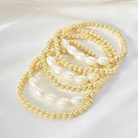 Gold Pearl Beaded Enewton Bracelets for Women,Gold Pearl Stackable Stretch Bead
