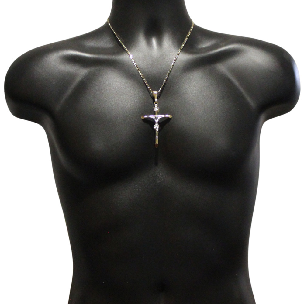 14k Two Tone Plated 65mm Crucifix Pendant 20″ Figaro Chain Men Women Necklace